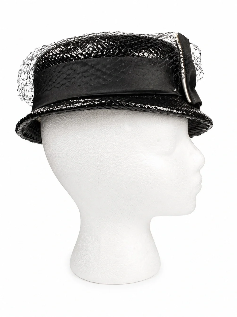 VTG 1960s Hats by Dayle Black Woven Straw Pillbox Hat Bow Veil